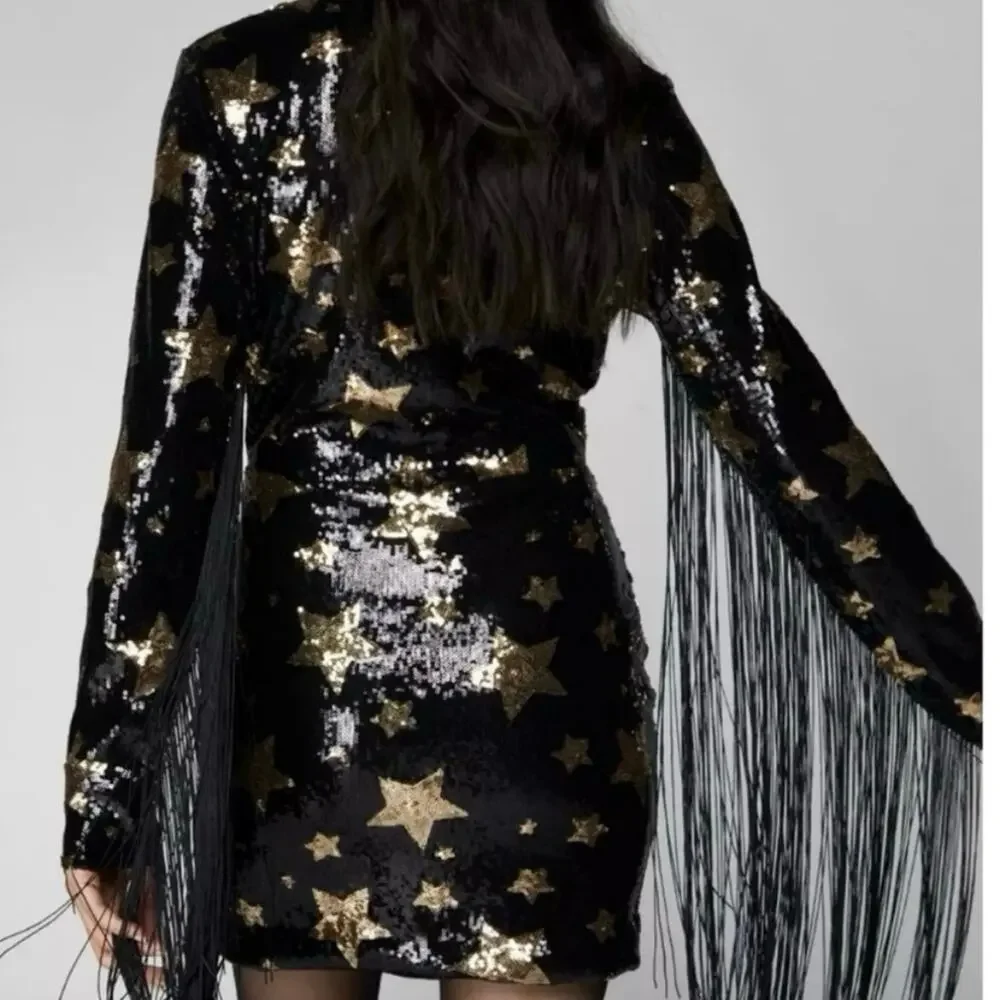 Nasty Gal Star Sequin Plunge Neck Fringe Dress 6 - Picture 8 of 10